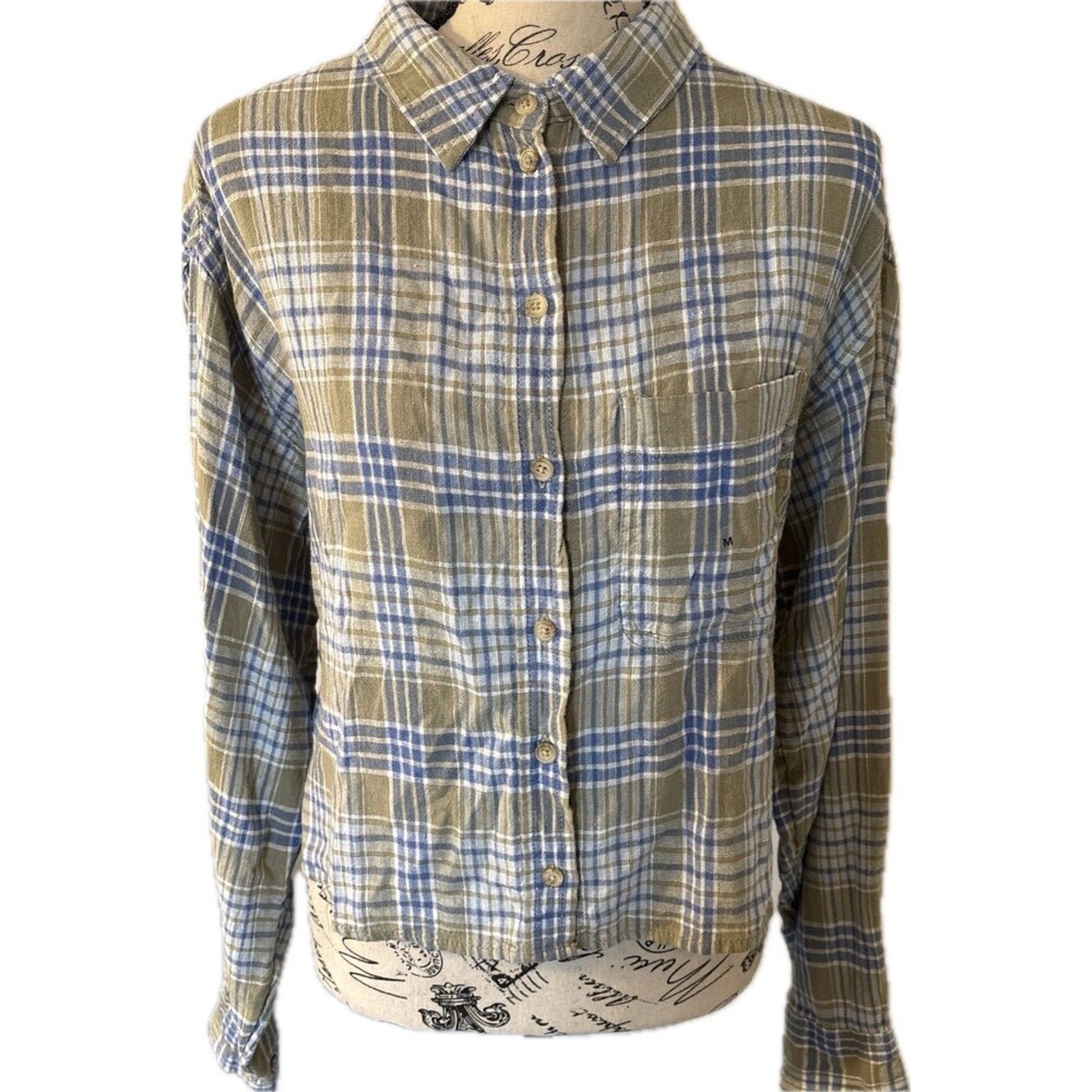 American Eagle linen blend cropped green blue plaid button front shirt M New